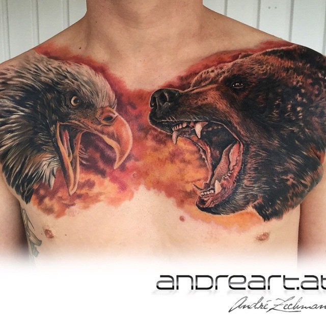 Bear and Eagle tattoo on Chest