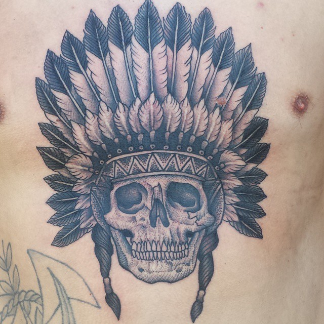 Chest Indian Feather Skull Tattoo