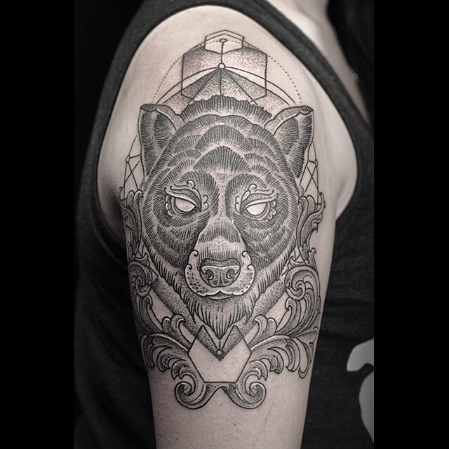 Geometry Background Etching Bear Tattoo on Shoulder