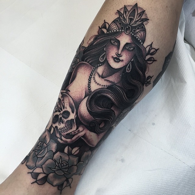 Girl and Skull Tattoo on Leg