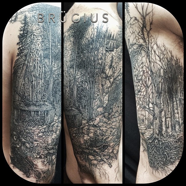 Graphic Dark Forest Shoulder Tattoo