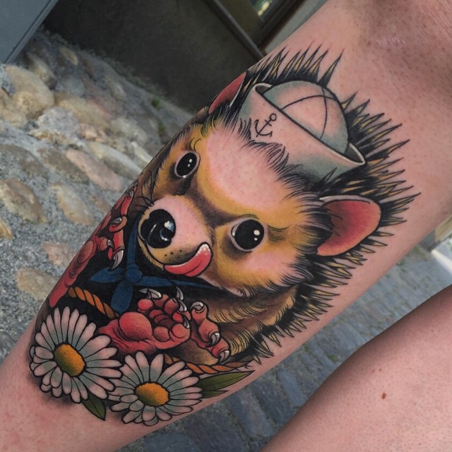 Happy Hedgehog Tattoo on Shin
