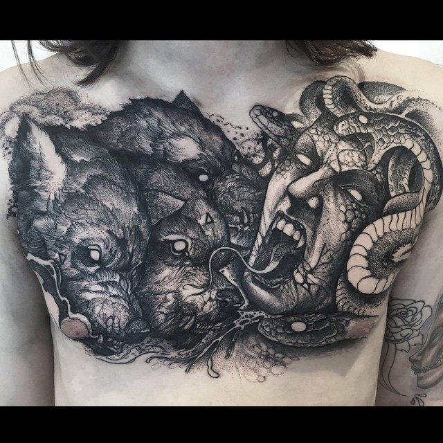 Medusa and Cerberus Tattoo on Chest