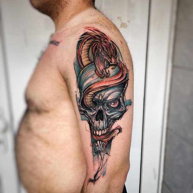 Red Snake Blue Skull Tattoo