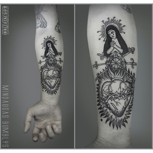 Thron Suffer Heart Tattoo on Arm