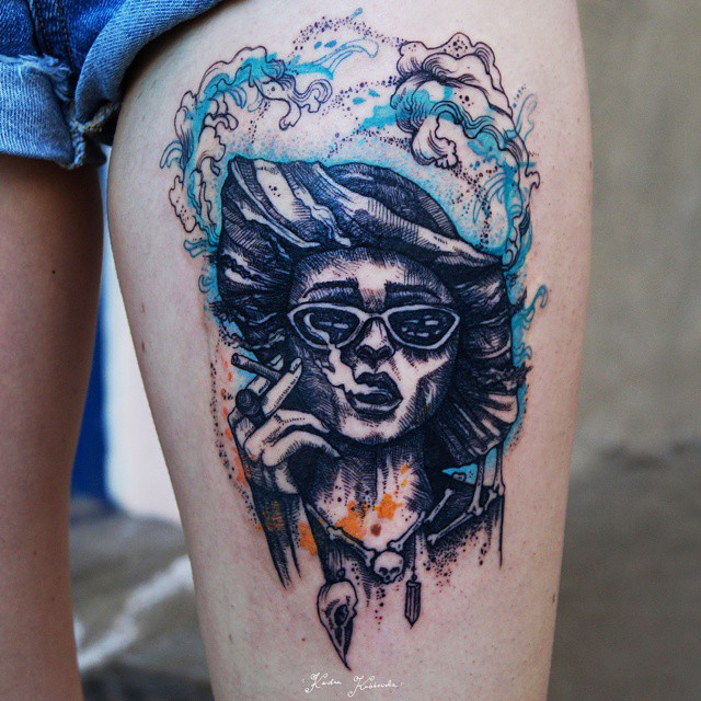 Watercolor Marla Singer Tattoo on Thigh
