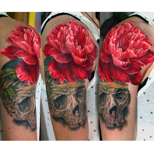Skull flower tattoo