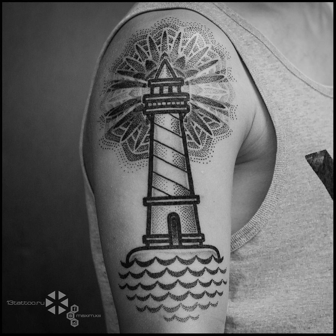 Dotwork Lighthouse Tattoo on Shoulder