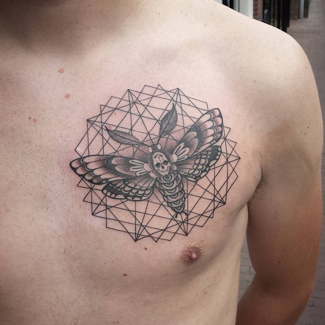 Geometry With Moth Tattoo on Chest