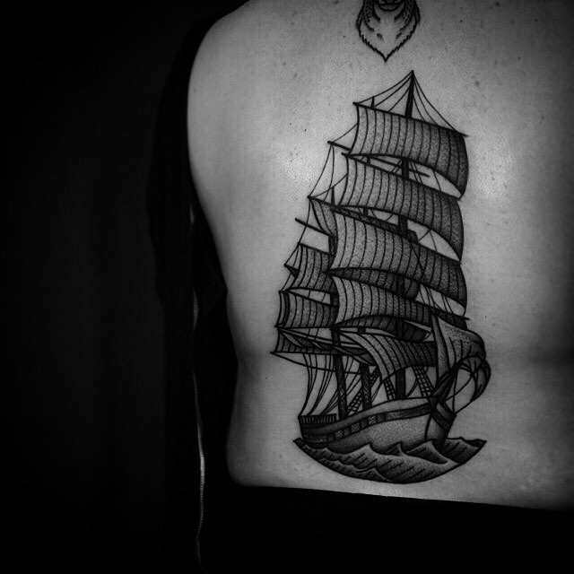 Graphic Sailing Ship Tattoo on Back