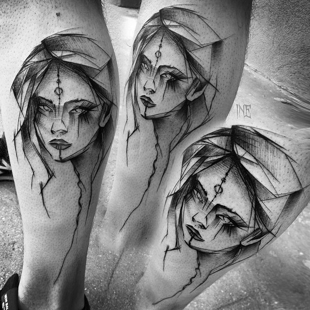 Sketchy Girl Tattoo on Leg