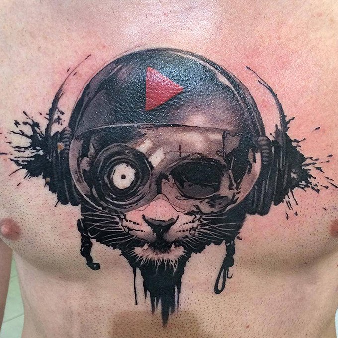 Cool Music Cat Tattoo on Chest