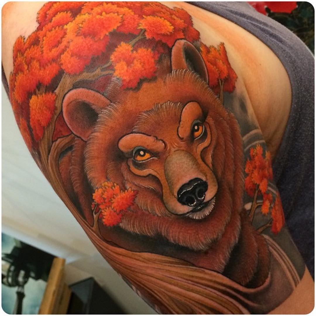 Red Bear Tattoo on Shoulder
