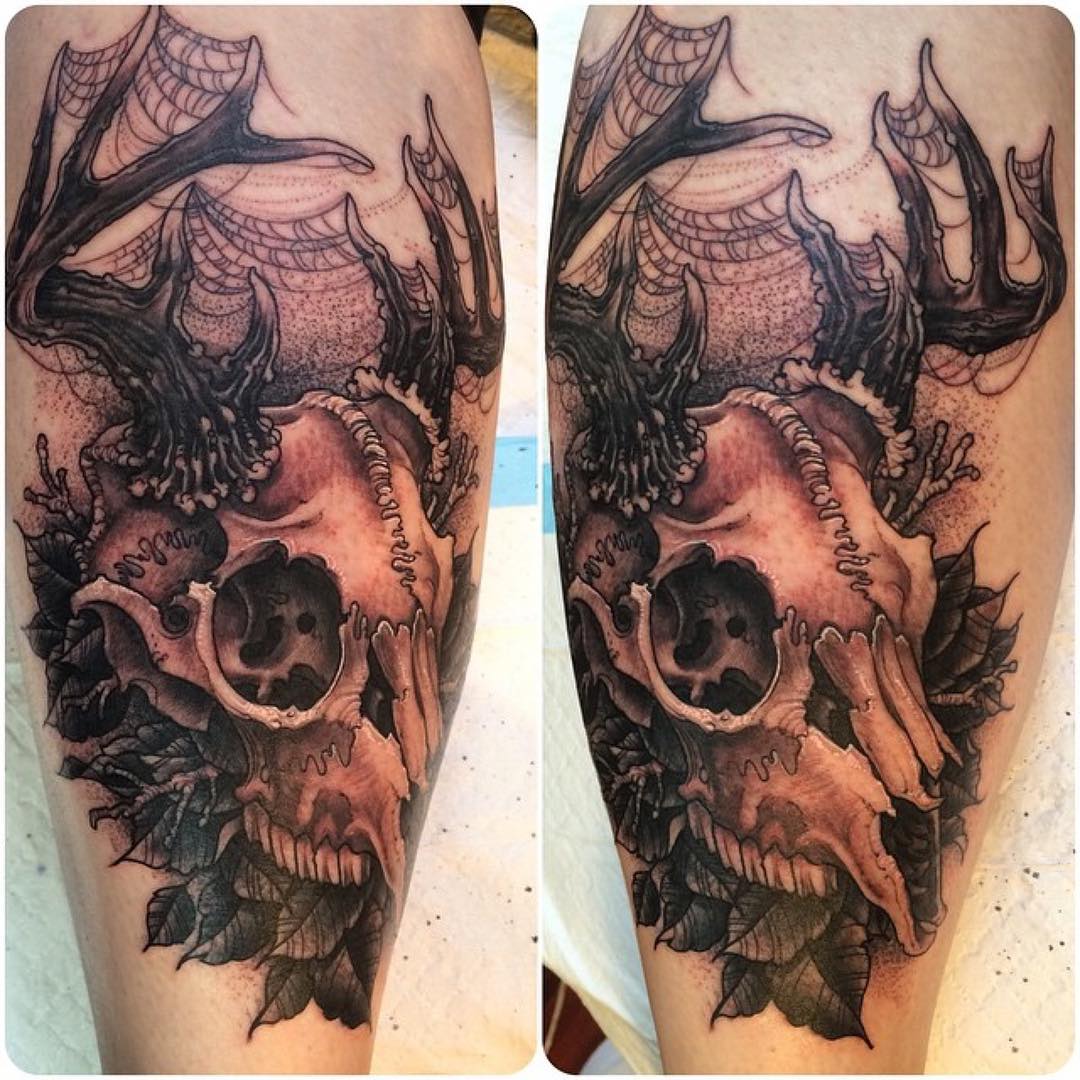 Stag Skull Tattoo on Calf - Best Tattoo Ideas Gallery