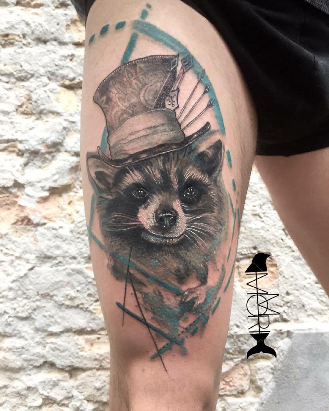 Thigh Raccoon Tattoo