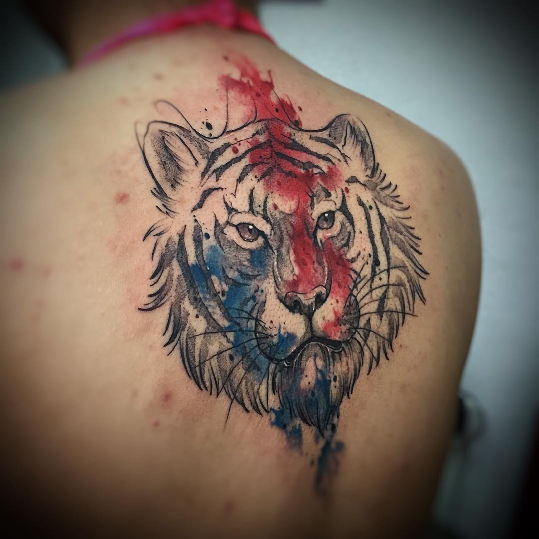 back watercolor tiger head tattoo
