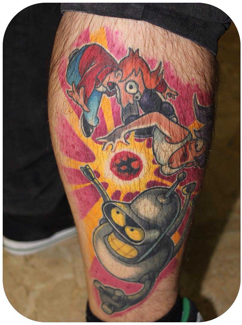 healed Characters of Futurama Tattoo on Leg
