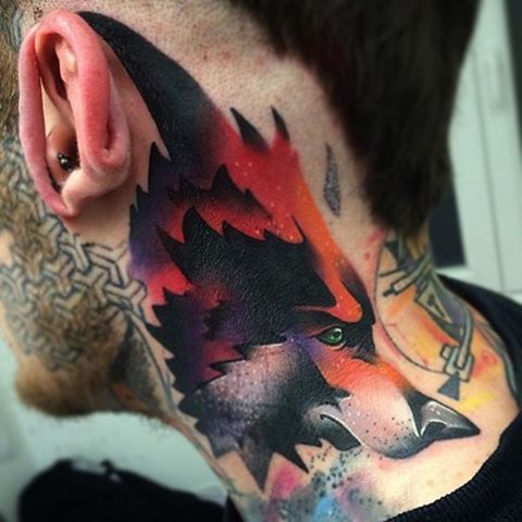 fox tattoo on the side of the neck