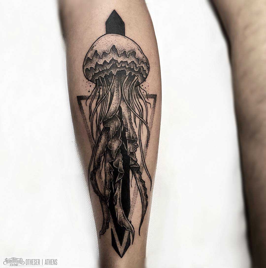 Calf Dotwork Jellyfish Tattoo