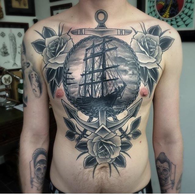 stomach and chest nautical tattoo