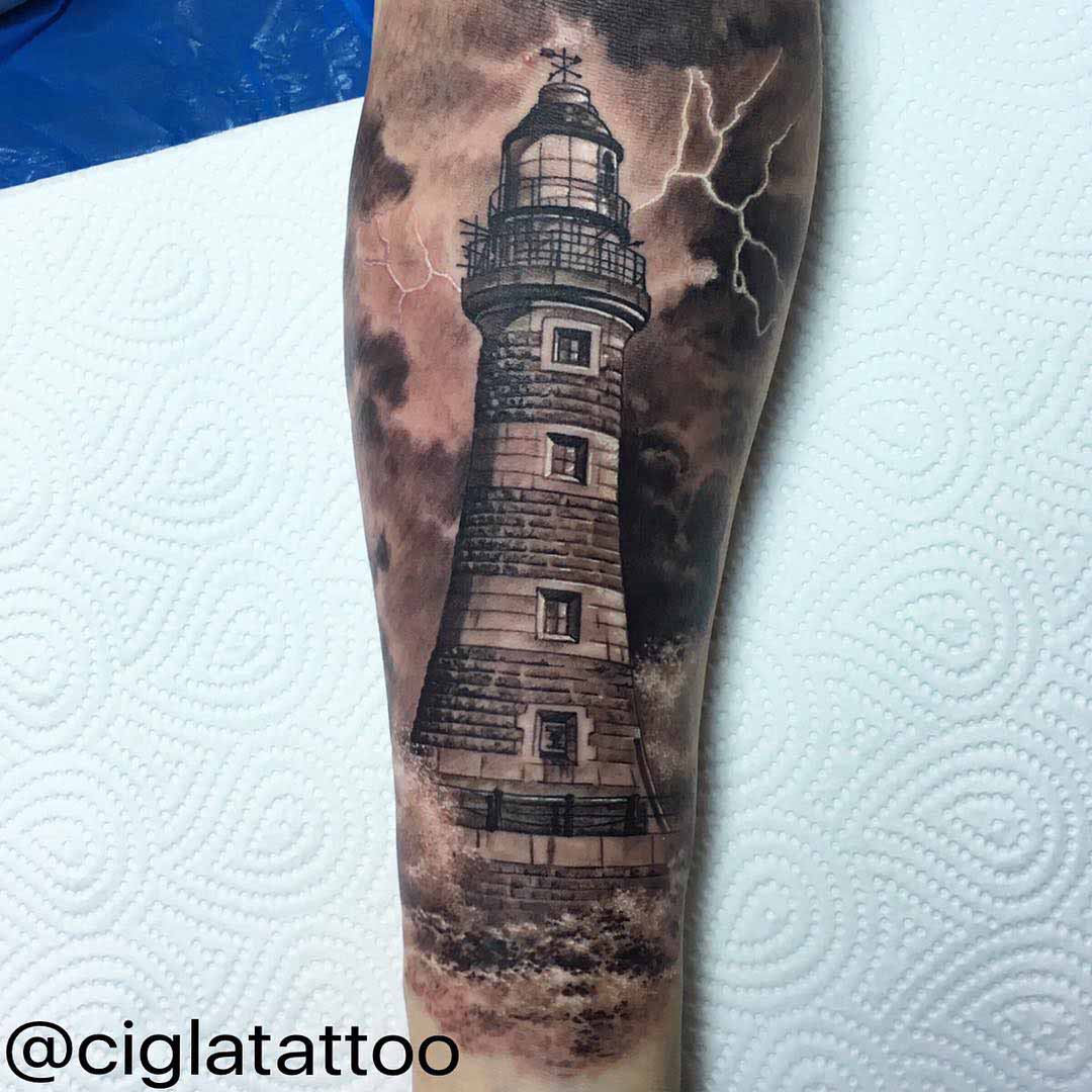 Thunder Lighthouse Realistic Tattoo