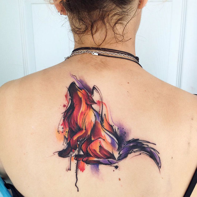 watercolor wolf tattoo howling