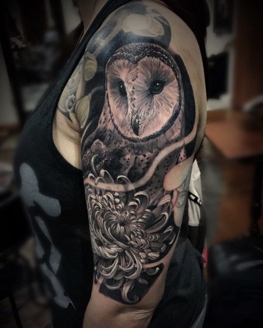 Shoulder Owl Tattoo by Julia Rehme