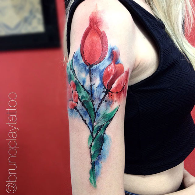 shoulder tulip tattoo watercolor