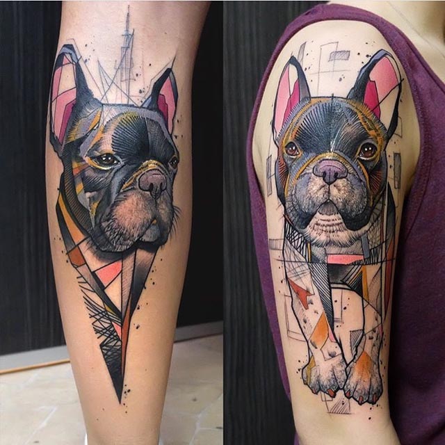 bull dog tattoos on shoulder and shin