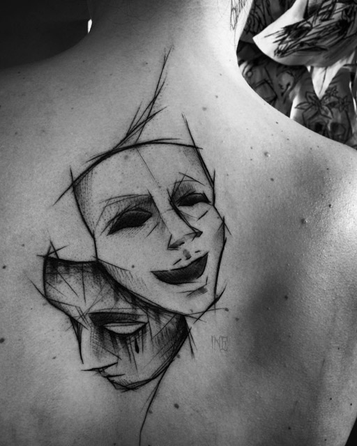 sketchy theatre masks tattoo