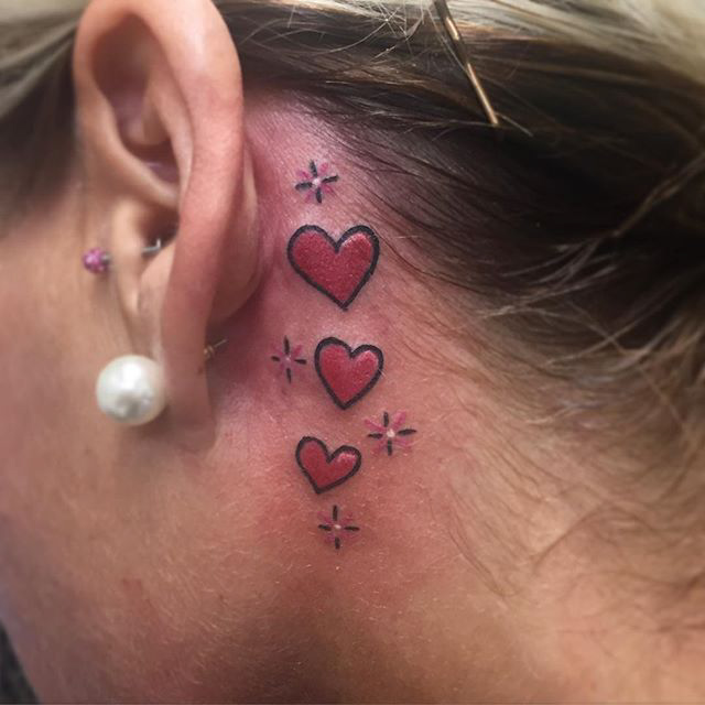 3 red Hearts Tattoo behind ear
