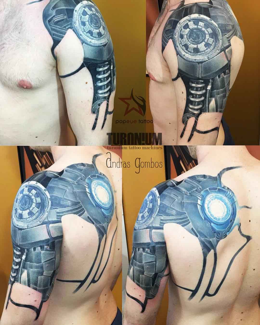 quter sleeve biomechanical tattoo on shoulder