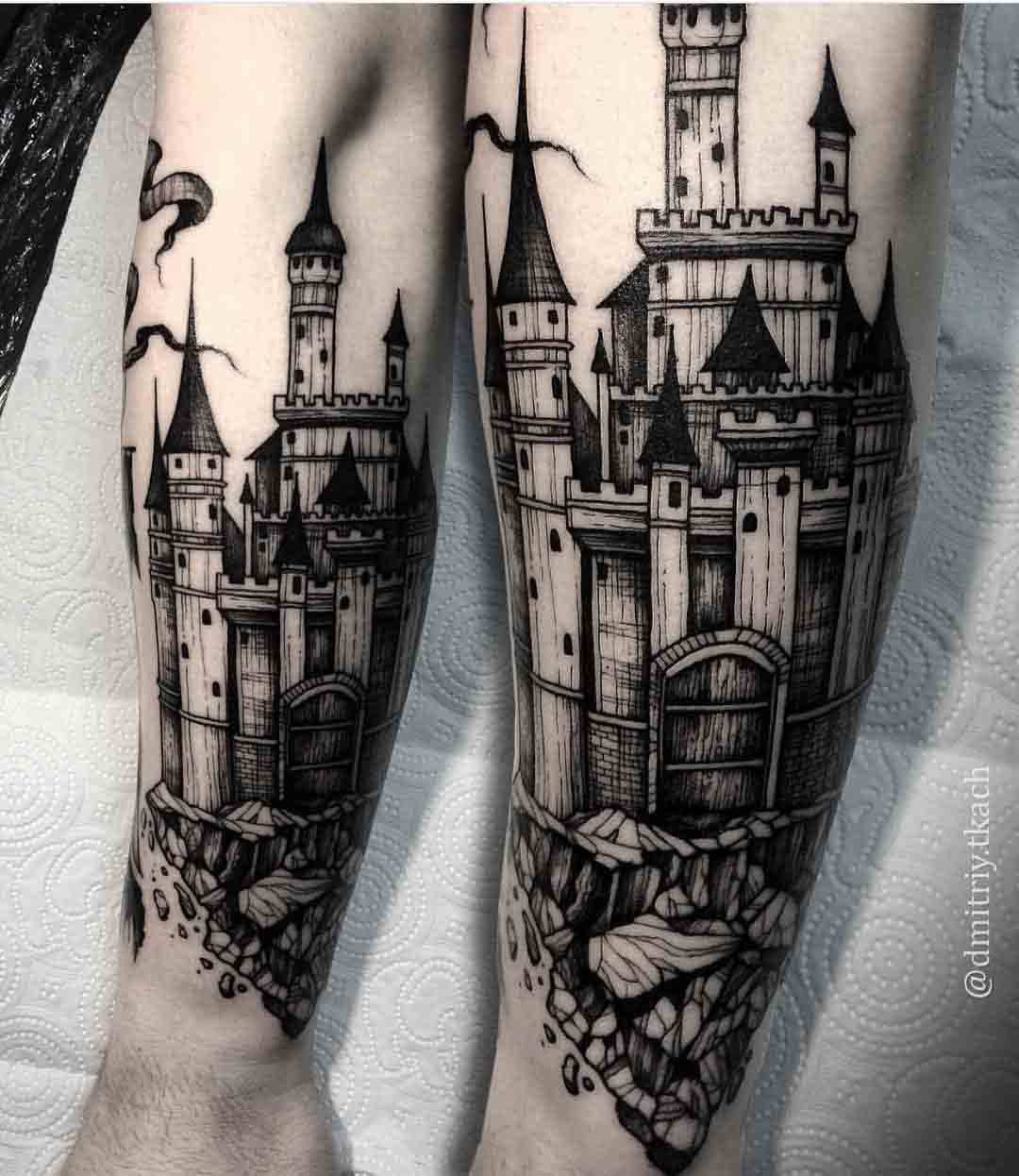 Tattoo uploaded by yo.tattoos • Black castle tattoo with mandala, dark  theme tattoos. • Tattoodo