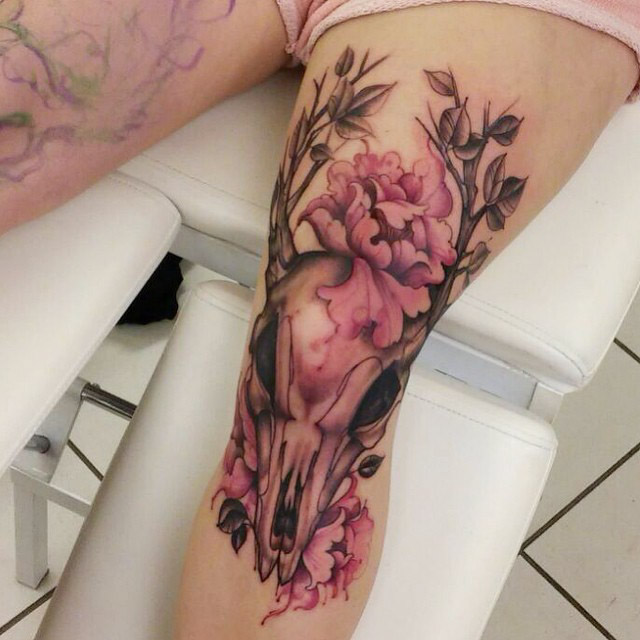 Rose And Skull Tattoo On Right Arm