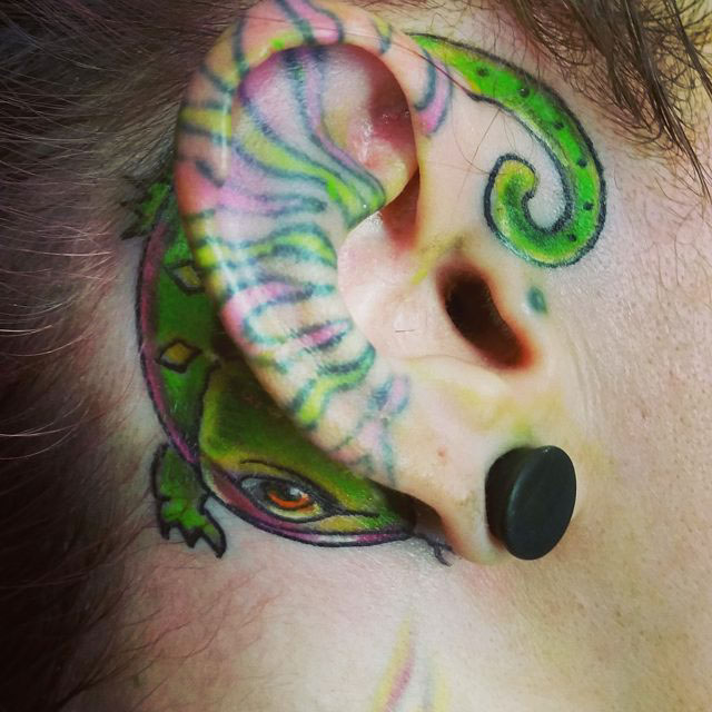 Green Cute Lizard Ear Tattoo