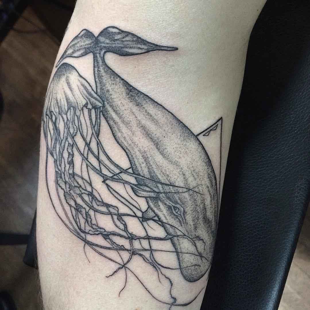 dotwork tattoo jelly fish and whale
