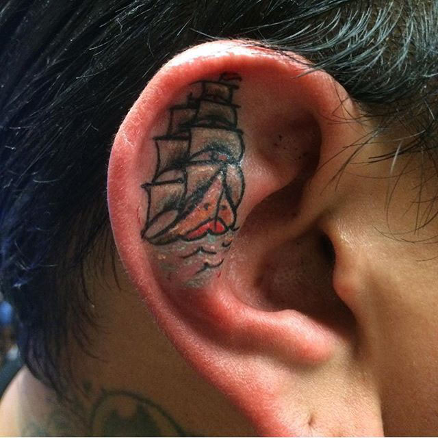 Ship Tattoo in Ear.