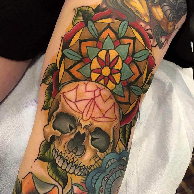 Tattoo tagged with neotrad rose thigh leg wolf skull knee   inkedappcom