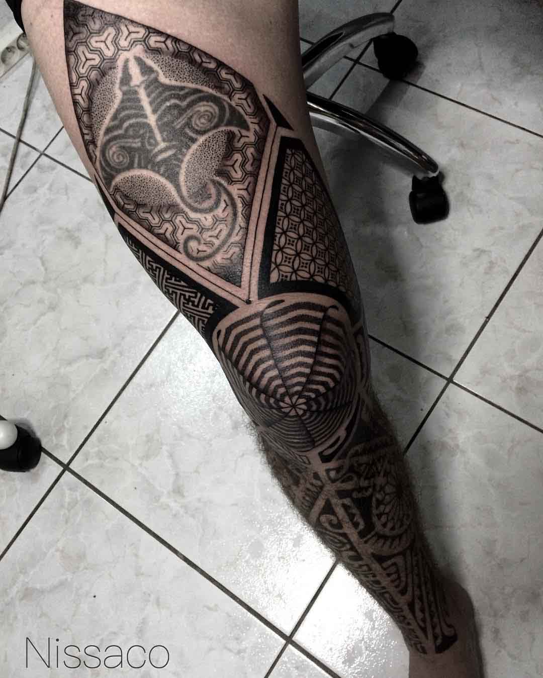 dotwork tribal leg tattoo sleeve
