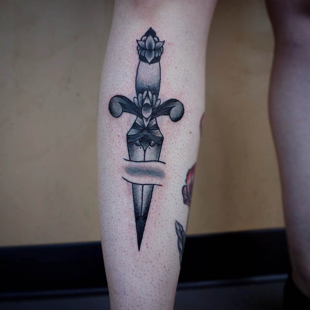 Dagger Under Skin Tattoo on Shin by vmattsketches