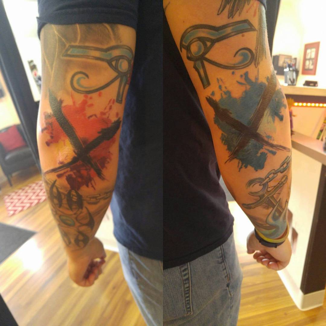 Elbow Tattoos Crosses Trash Polka by broadwaytattoollc