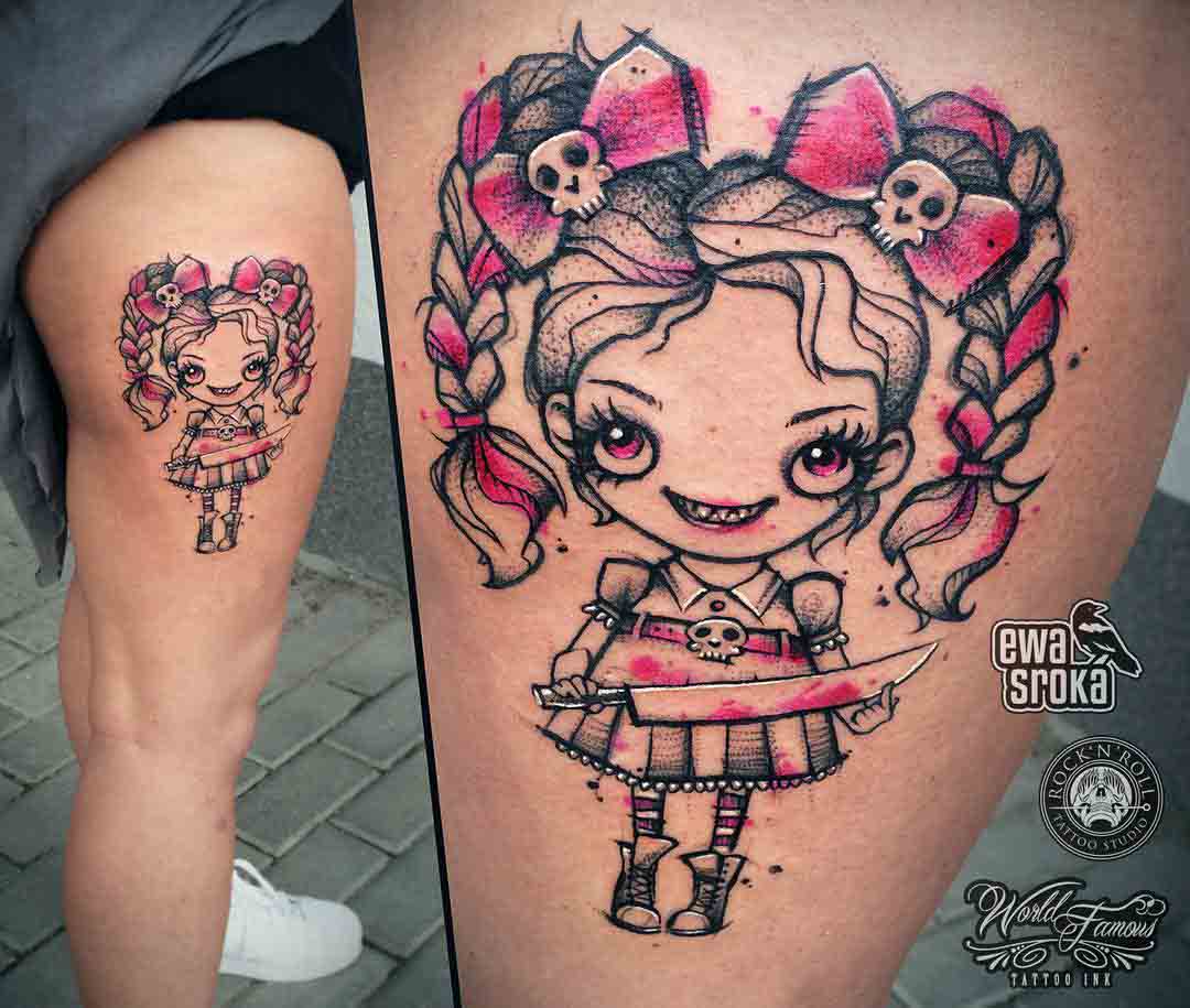 Pink doll tattoo evil