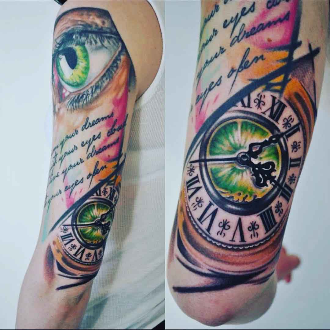 Eye and Clock Half Sleeve Tattoo