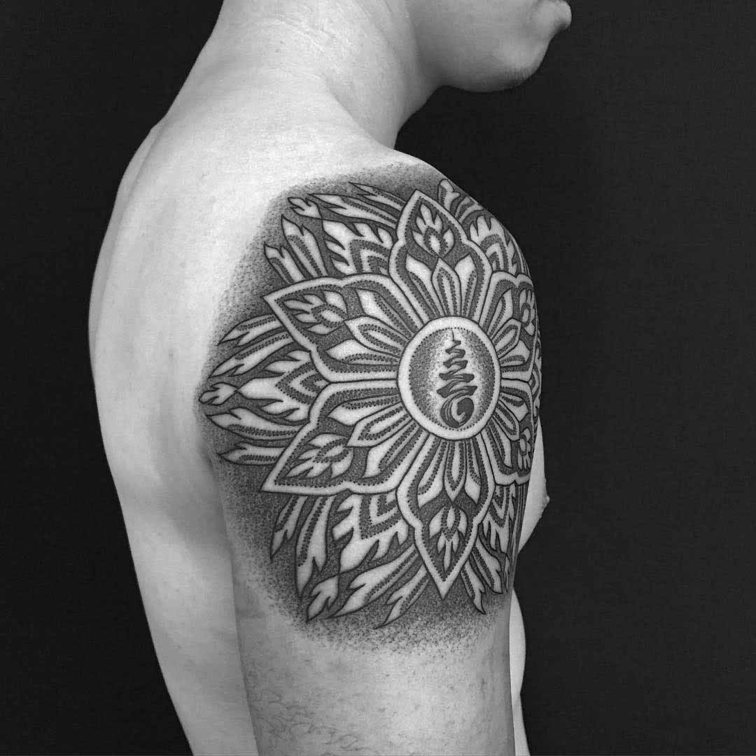 Hindu dotwork tattoo mandala on shoulder
