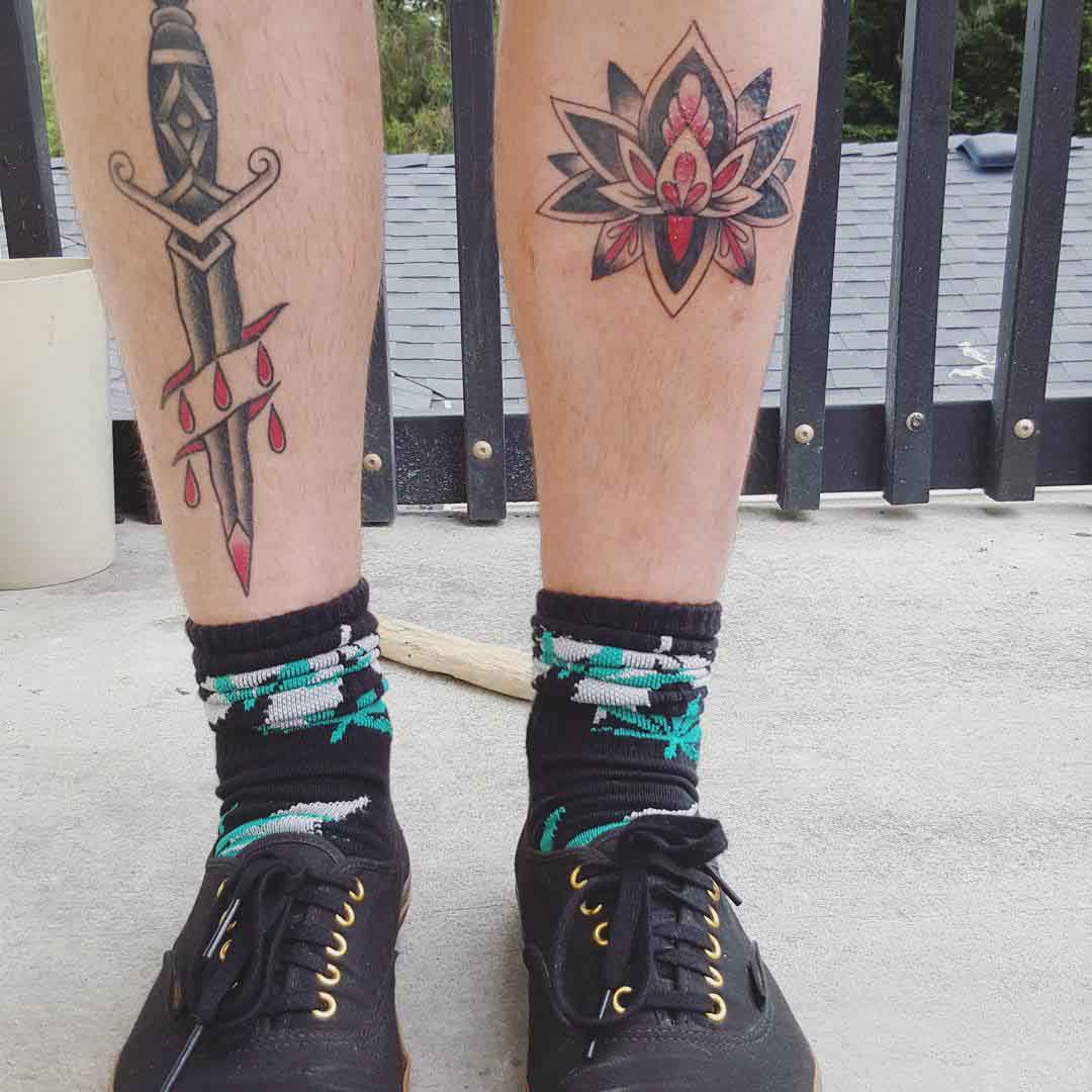 Neo-Traditional Shin Tattoos by анк 4