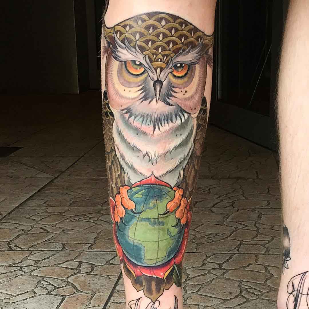 Owl on Globe Shin Tattoo by matstache