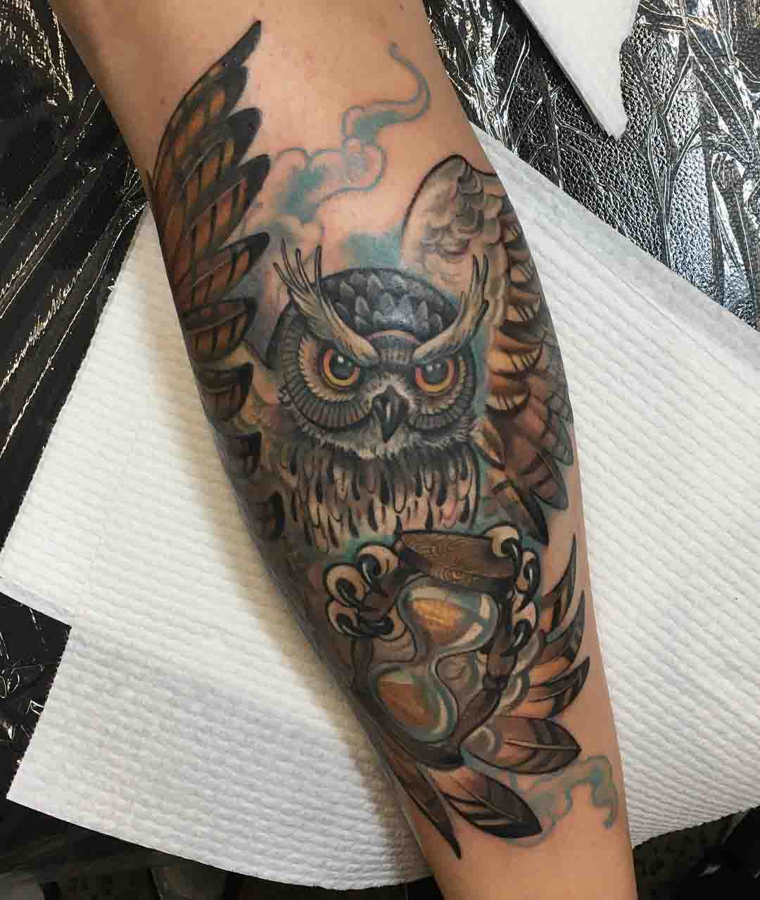 Owl with Hourglass Tattoo on Calf - Best Tattoo Ideas Gallery
