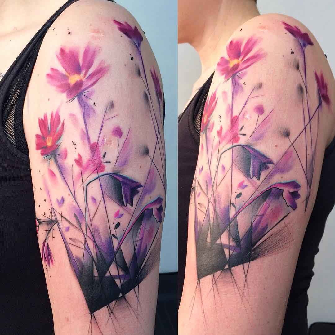 shoulder purple flowers tattoo