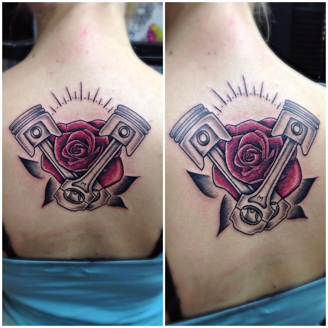 Rose and Pistons Tattoo by kazerquid