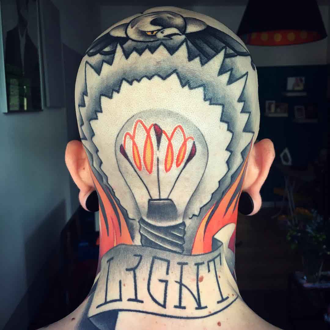 back head tattoo lightbulb traditional